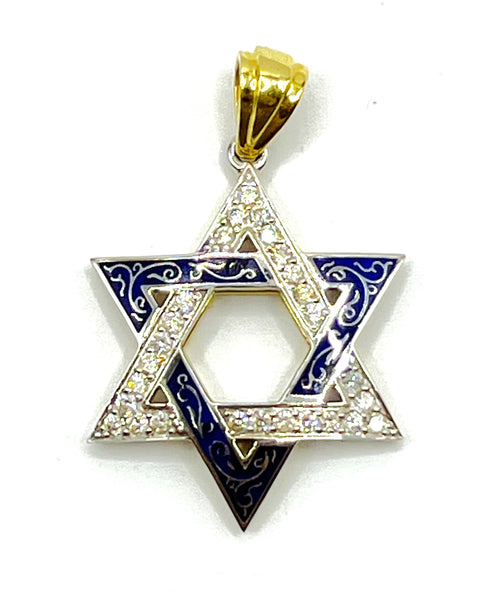 14K Gold & Diamond With Blue Enamel Star of David Necklace